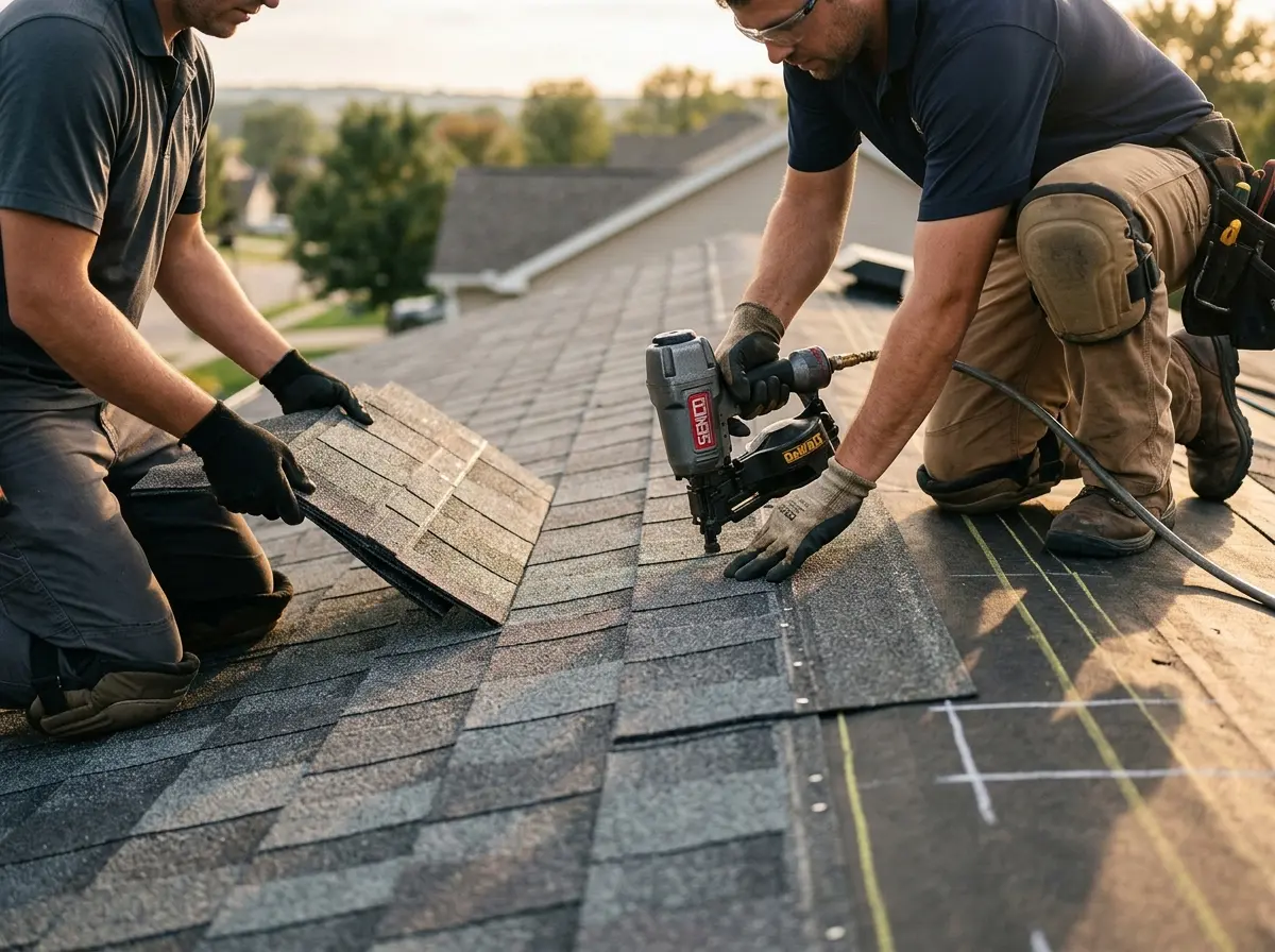 Professional roofer working on a residential roof in Harriman